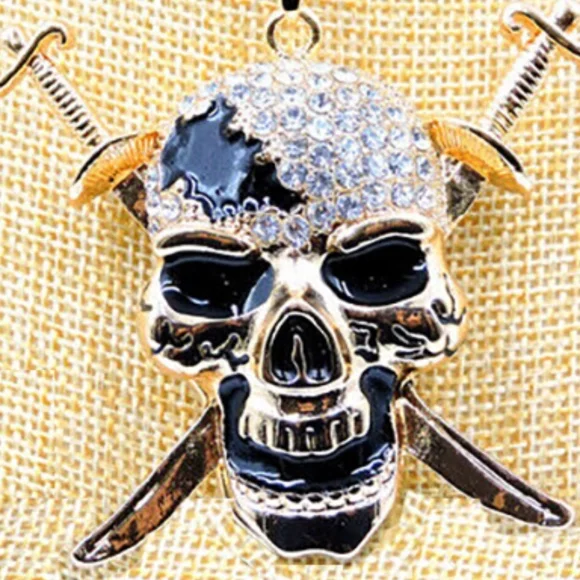 Enamel Crystal Skull Head With Daggers, Nuts, Bolts Chain Necklace- Halloween - Picture 6 of 7
